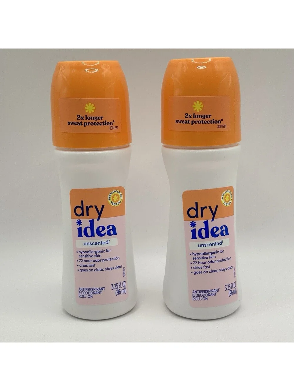 Dry Idea Unscented Antiperspirant Deodorant Roll On 3.25 oz Pack of 2